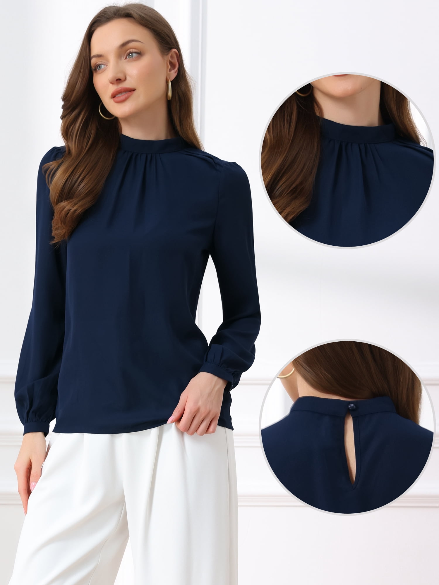 DARING DIVA Women's Long Sleeve Mock Neck Business Blouses Shirts M Dark Blue