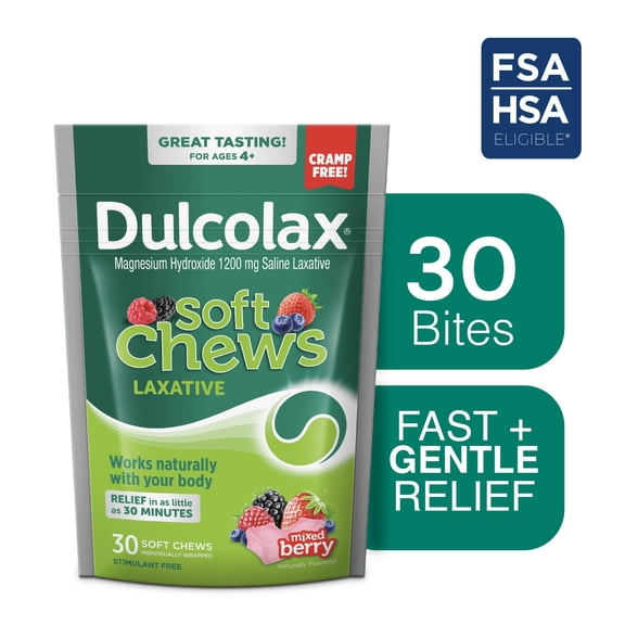Dulcolax Soft Chews Saline Laxative Mixed Berry (30ct) Gentle Constipation Relief, Magnesium Hydroxide 1200mg