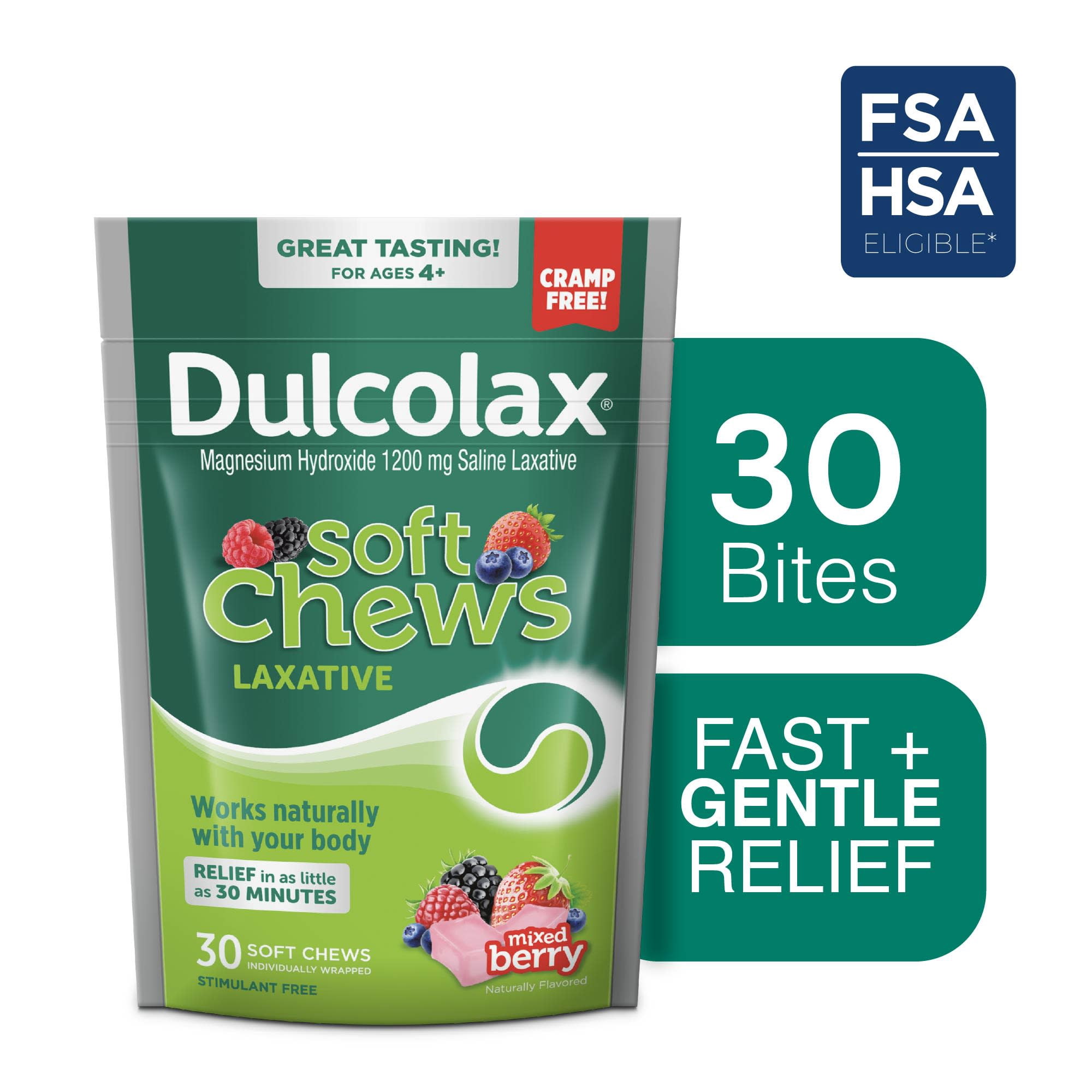 Dulcolax Soft Chews Saline Laxative Mixed Berry (30ct) Gentle Constipation Relief, Magnesium Hydroxide 1200mg