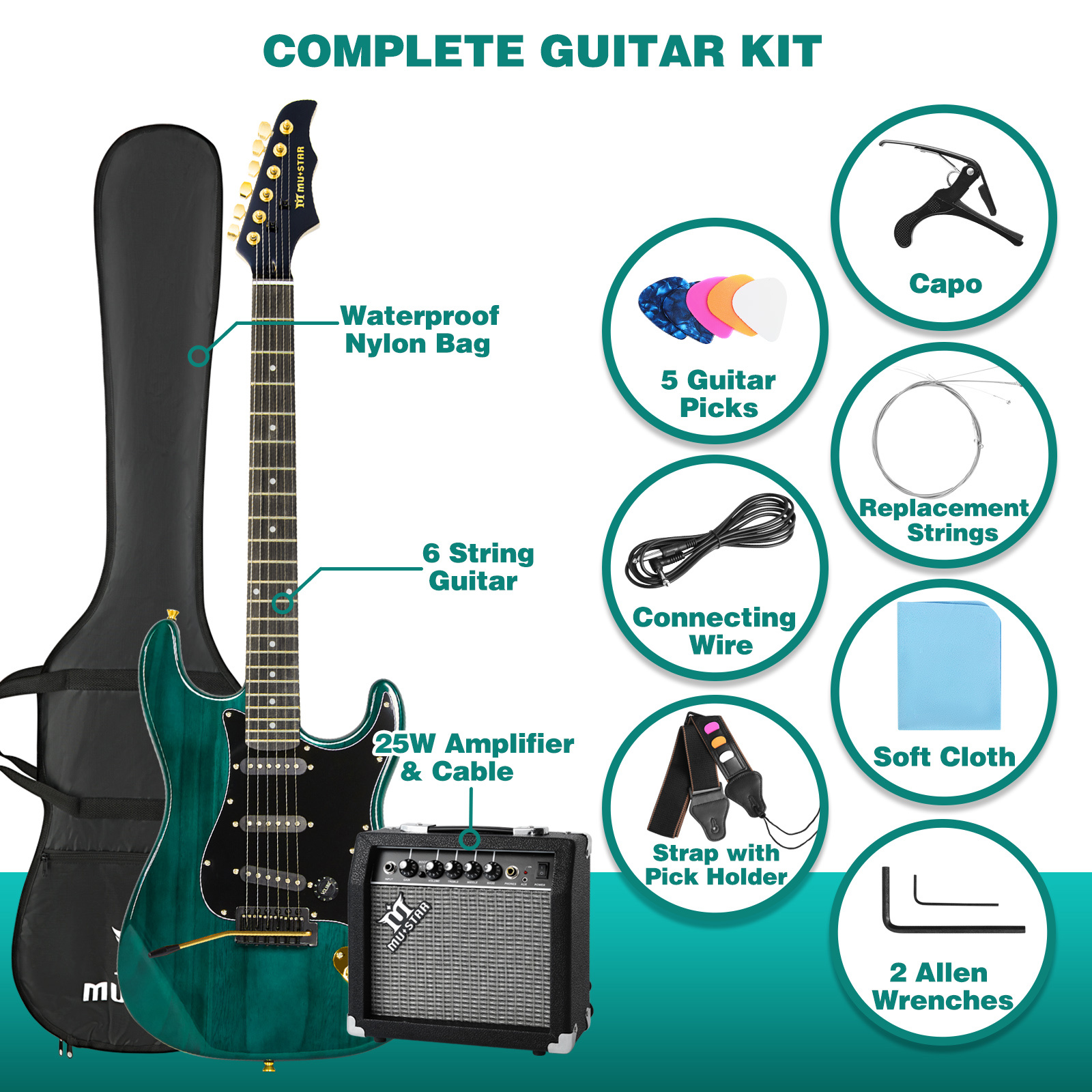 MUSTAR 39 Inch Full Size Solid Wood Electric Guitar Kit Beginner Gift with 25W Amplifier Gig Bag,Capo,Strap,Cable,Picks(Green)