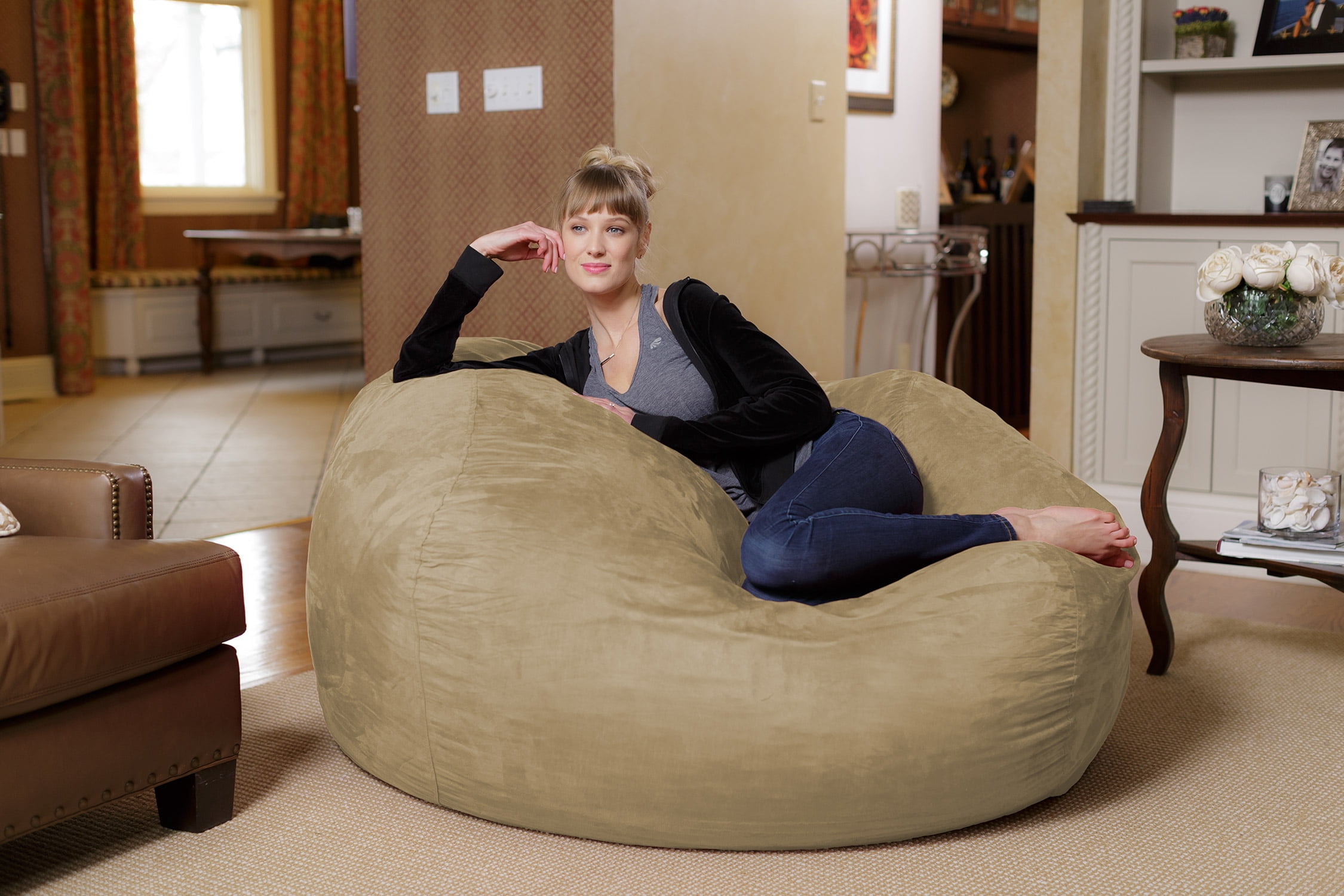 Chill Sack Bean Bag Chair, Memory Foam Lounger with Microsuede Cover, Kids, Adults, 5 ft, Camel