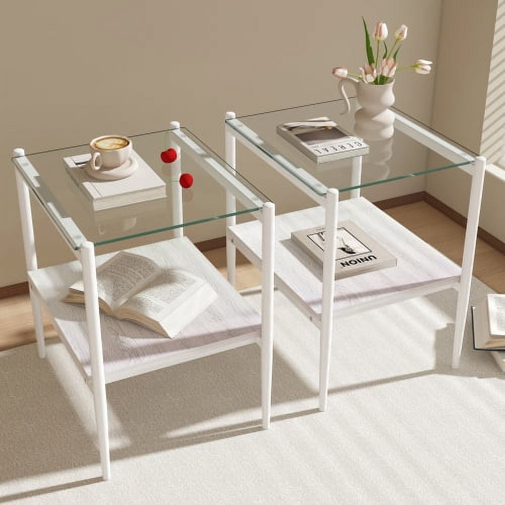 MOONMISS 2 Pack Rectangle End Table, Tempered Glass Top Side Table with MDF Frame, Modern Transparent Glass Accent Table for Living Room, Bedroom, Home Decor, White