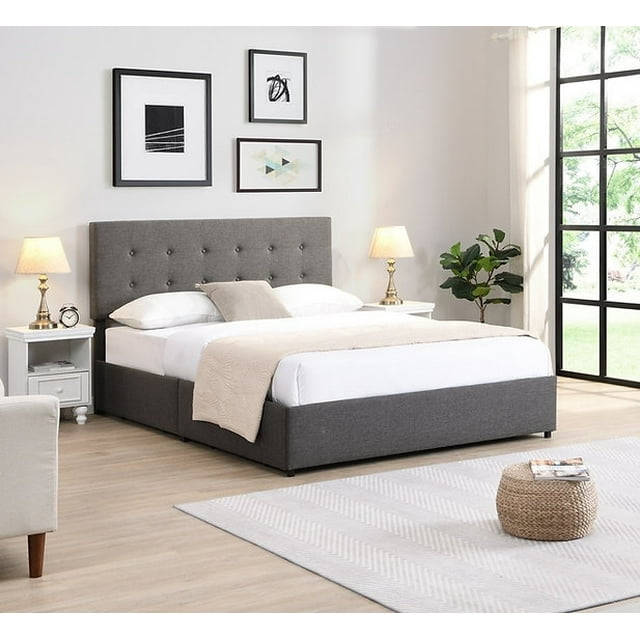 Grey Fabric Storage Bed with Button Tufting Headboard - King