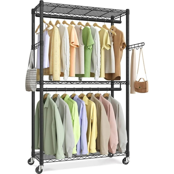 Heavy-Duty Rolling Clothes Rack, Garment Rack, Portable Closet, 35.4-Inch Wide Clothing Rack on Wheels, with Adjustable Mesh Shelves and Hanging Rails, Hooks, Ink Black ULGR413B01