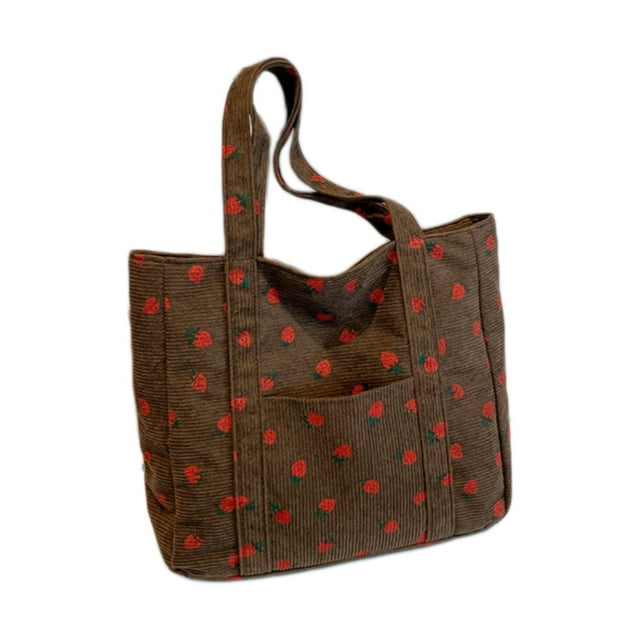 Sac de Rangement en Velours Côtelé Imprimé Grande Capacité Sac à Bandoulière en Toile Fraise