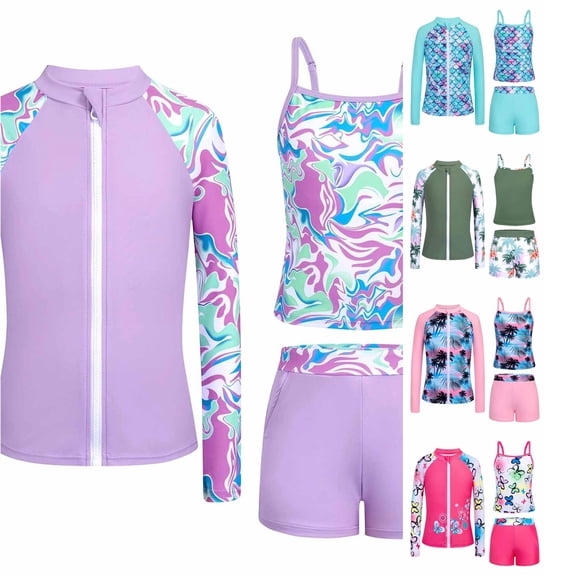 JAJAHO Girls Swimsuit 3 Pieces Long Sleeve Rash Guard Set Tropical Printed Tankini Bathing Suits Summer Kids Swimwear 3-10Y