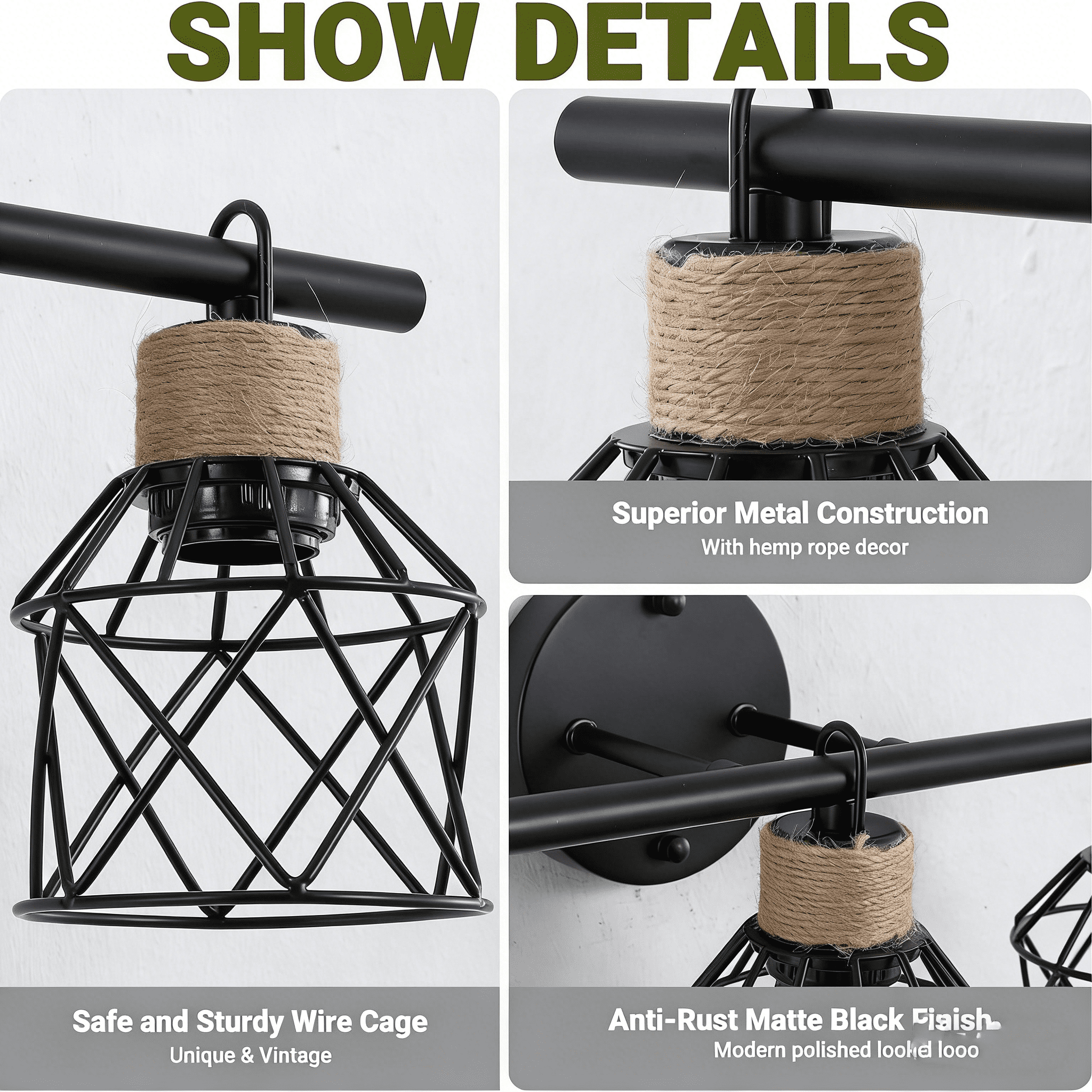 3-Light Bathroom Light Fixture Over Mirror Matte Black Farmhouse Vanity Light for Bathroom Rope Wrapped Rustic Industrial Vanity Lighting Fixture with Metal Lampshade for Hallway Porch