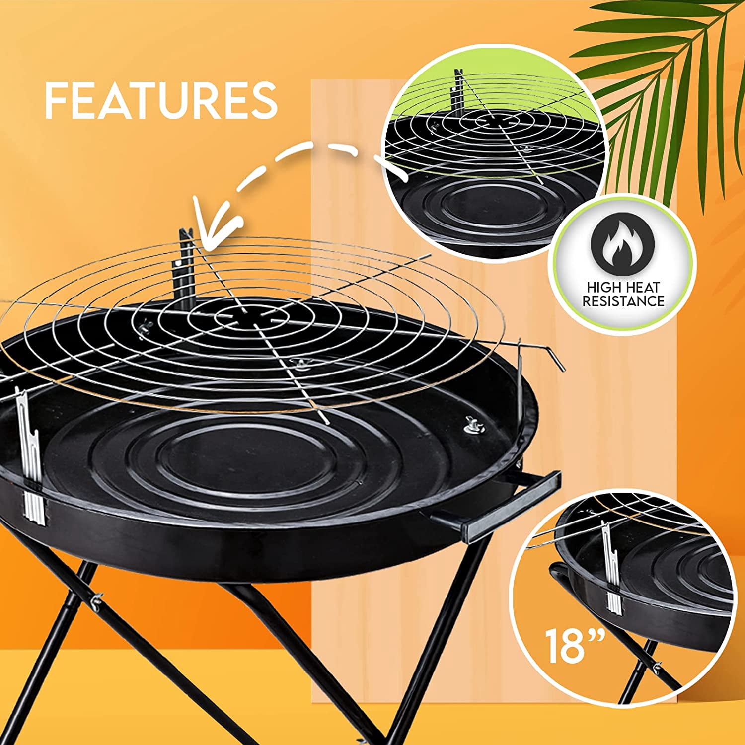 PAMI 24 Inch Round Portable Charcoal Barbecue Grill with Lid & Handles, Standing BBQ Grill for Outdoor Cooking