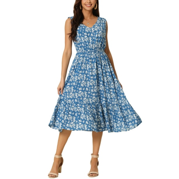 INSPIRAR CHIC Vestido de verano bohemio para mujer, vestido midi casual con escote en V y estampado floral, azul XL