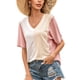 thumbnail image 1 of Guardurnaity Mujeres Camiseta Manga Corta Cuello V Color Bloque Empalme Verano Suelto Casual Top Prendas para la parte del cuerpo Rosado S Guardurnaity AP001239-05, 1 of 6