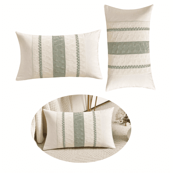 Sage Green Boho Pillow Covers Set of 2, 12x20 Inch Lumbar Throw Covers for Couch and Bed
