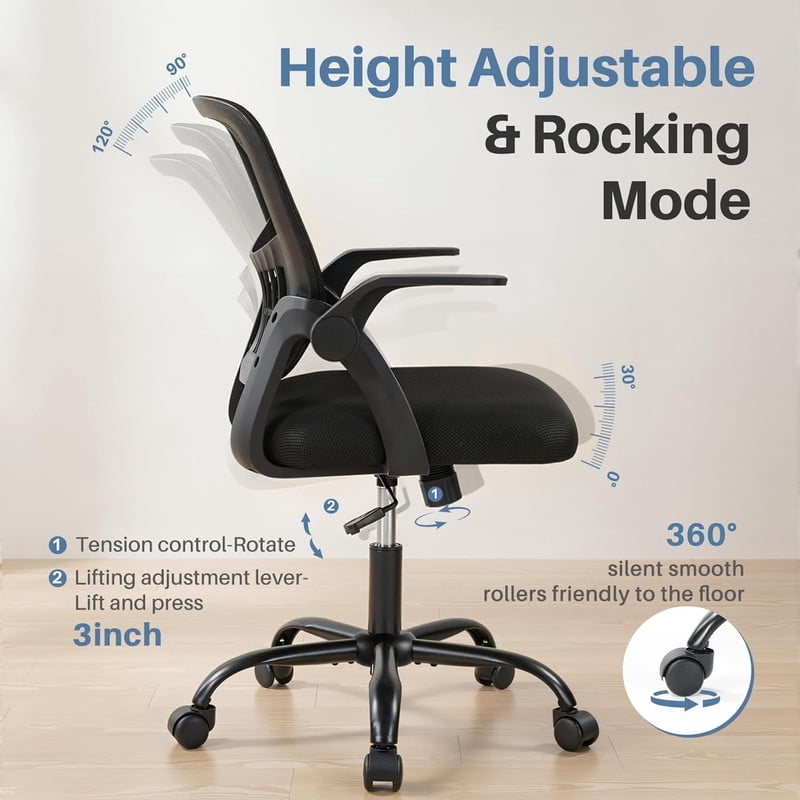 Simenmax Ergonomic Office Chair, Home Desk Computer Mesh Chair with Flip-Up Arms, Breathable Mid Back Chair for Small Spaces, Black