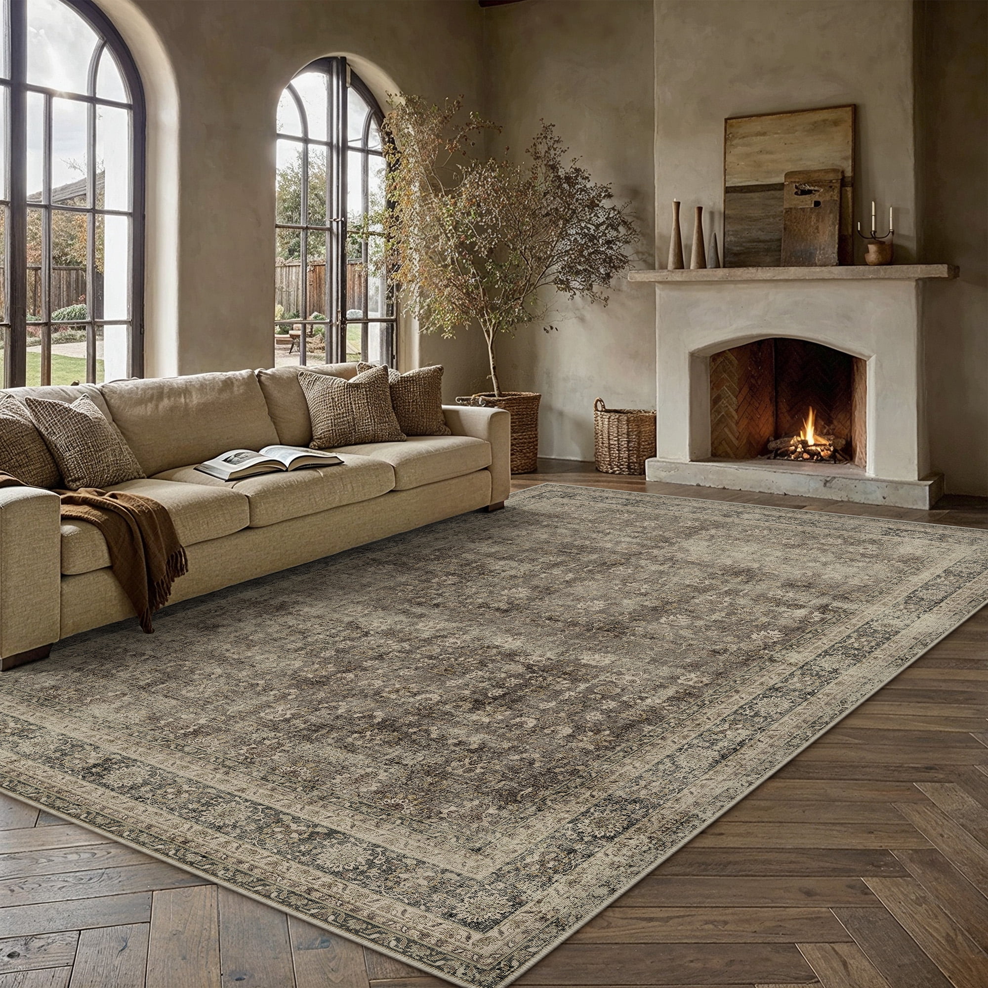BERTHMEER 6'x9' Washable Golden Brown Area Rugs for Living Room Bedroom Kitchen Rugs Non Slip Vintage Traditional Dorm Office Dining Room Farmhouse Oriental Distressed Rugs