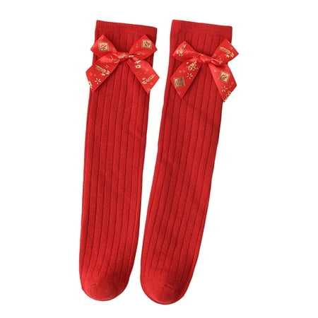 

IOAOAI Festival Socks 1 Pair Keep Warm Detailed Pretty Kids Bronzing Bow-knot Socks