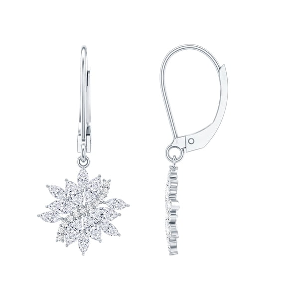 Rosec Jewels Lab Diamond Flower Drop Earrings for Women - Diamond Wedding Earrings - EF-VS Quality, 10K White Gold