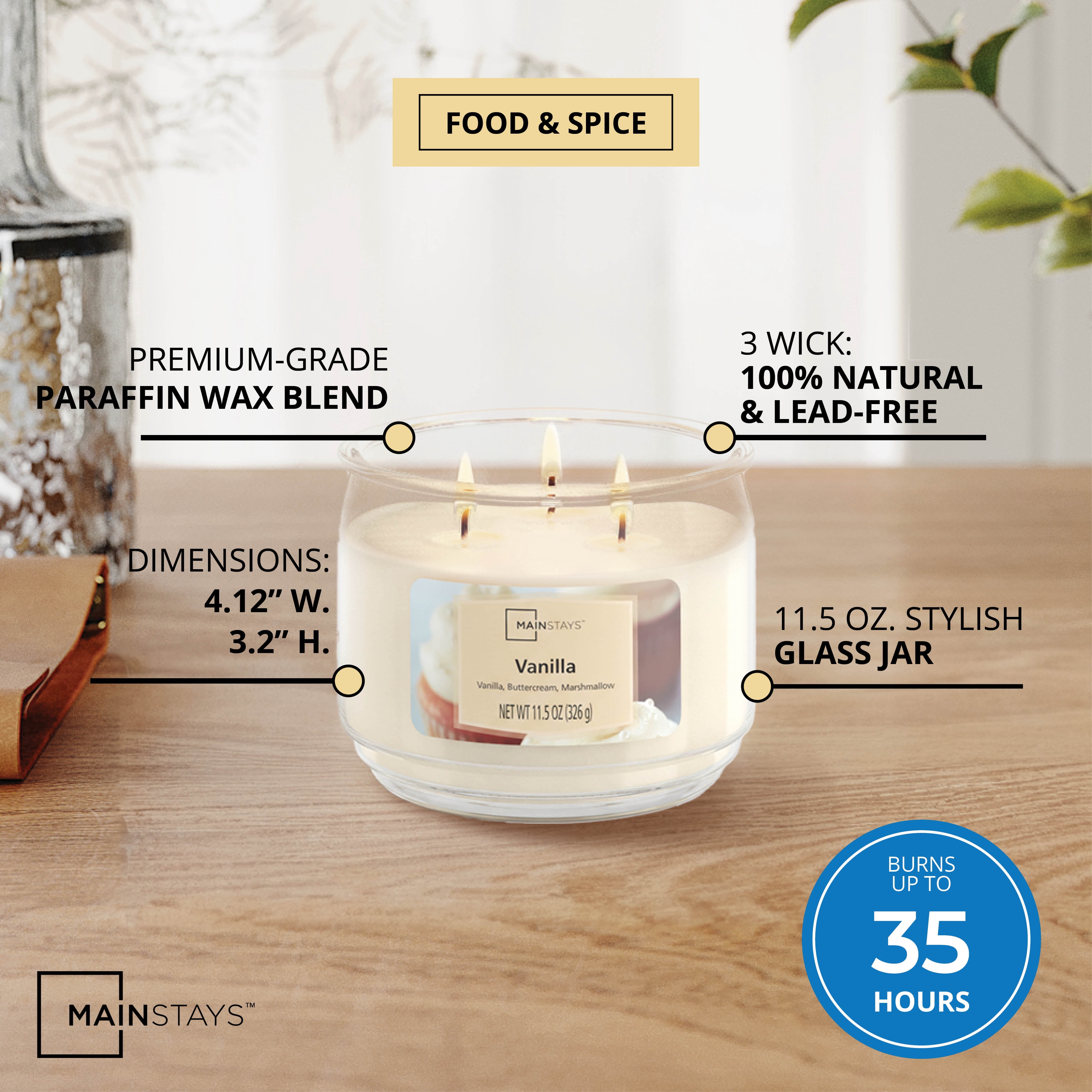Mainstays 3-Wick Scented Glass Jar Candle, Vanilla, 11.5oz.