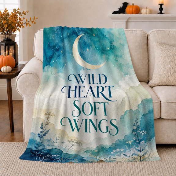 Wild Heart Soft Wings with Crescent Moon, Dreamy Botanical Style for Quote Lovers, Moonlit Garden Motto and Just Because Gift, Cozy Flannel Blanket for Bedroom and Reading Nook, Home Decor