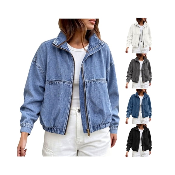 Womens Jean Jacket Casual Zip Up Stand Collar Denim Jackets Elastic Hem Loose Fit Jean Outwear Long Sleeve Fall Winter Clothing