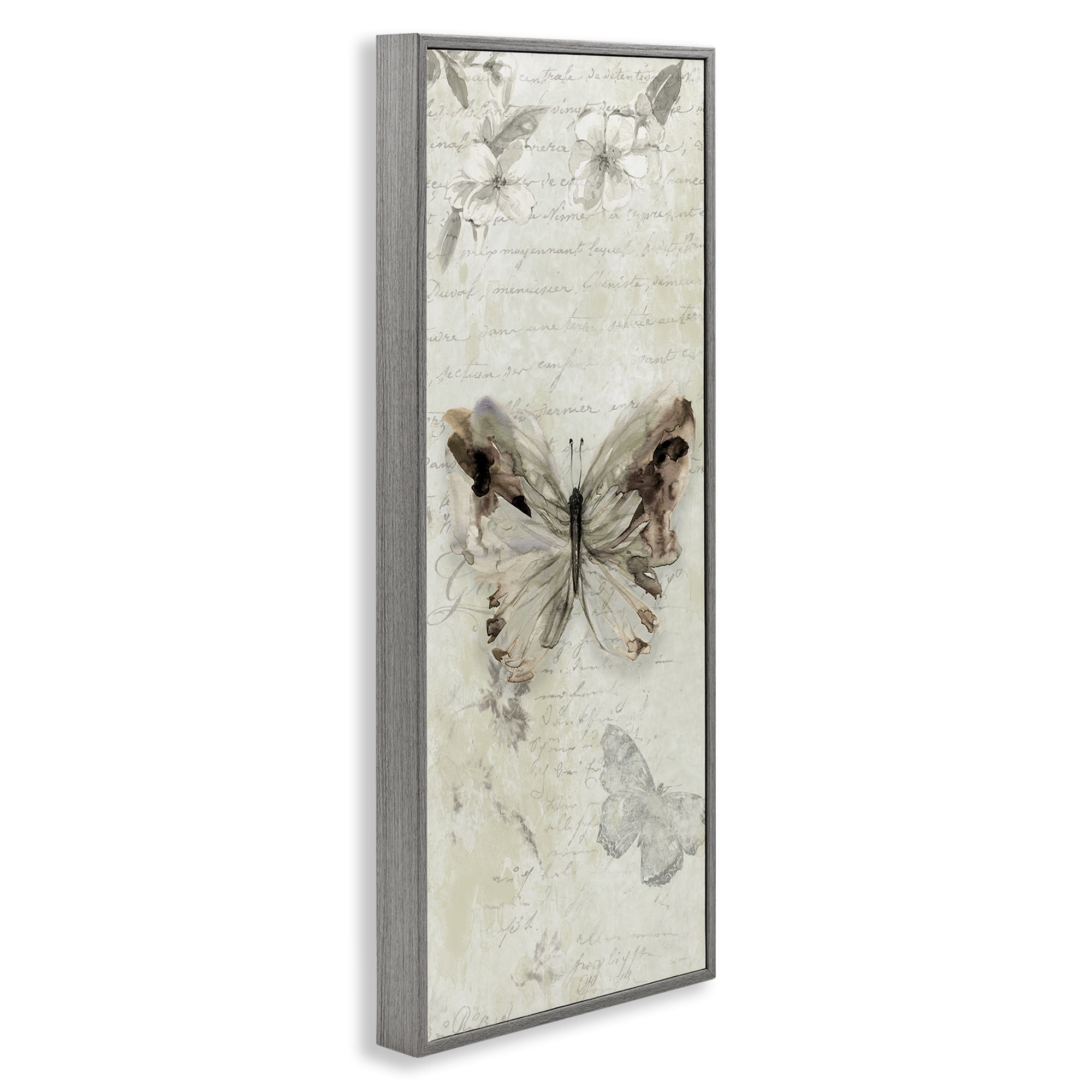 Stupell Industries Timeless Butterflies with Cursive Animals & Insects Painting Gray Framed Art Print Wall Art, 13 x 30