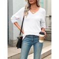 thumbnail image 5 of Women Fall Sweaters Casual Long Sleeve Ribbed Knit V Neck Light-Weight Crochet Pullover Sweater Solid White M, 5 of 7