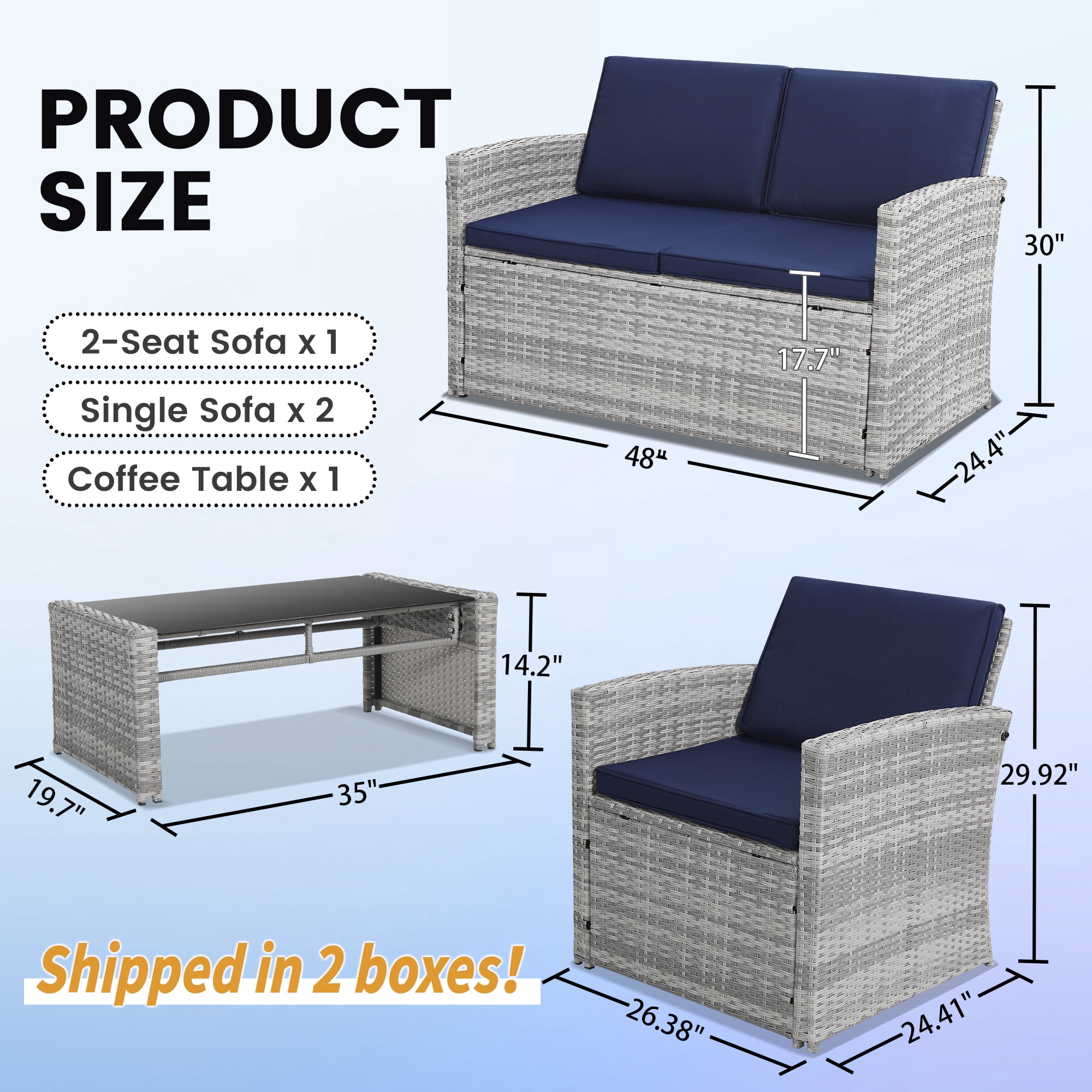 TUAREX Outdoor 4 Piece Wicker Patio Furniture Set, Waterproof Rattan Sectional Sofa with Thick Cushions, Perfect for Patio, Garden, Porch & Backyard, Grey Rattan and Blue Cushion