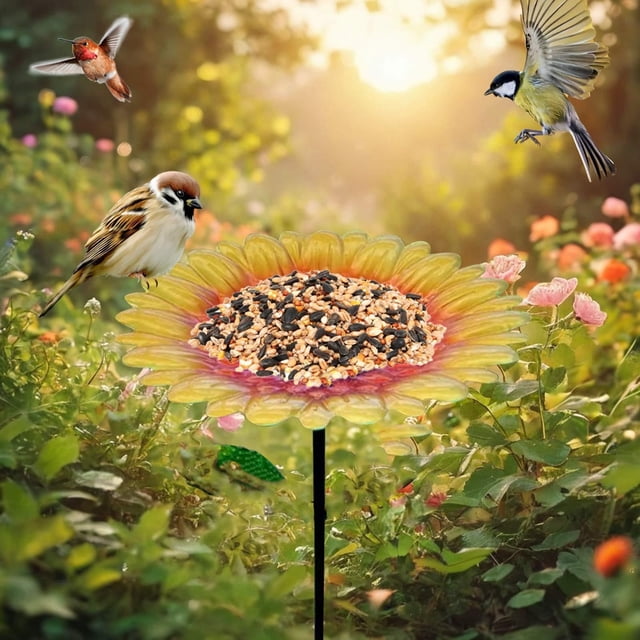 Fiudx Estaca de Metal para Baño de Pájaros, Comedero con Forma de Flor, Decoración para Atraer Pájaros, Estaca de Jardín Fácil de Instalar, Decoración de Patio Exterior, Regalo para Amantes de Las Av