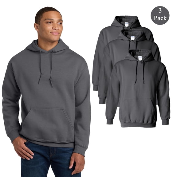 Gildan Men's Heavy Blend Fleece Hooded Sweatshirt, Pullover Charcoal Color Pocket Hoodie 3-Pack, S