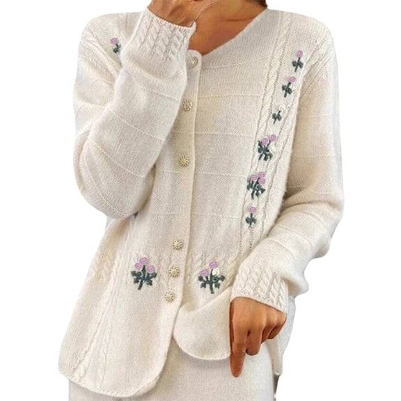 XPMWRP Women's Knitted Open Front Embroidered Floral Jackets Fashion Soft Casual Long Sleeve Button Coats Outerwear Beige M