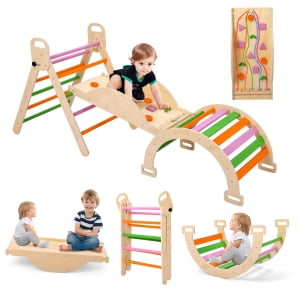 Foldable Baby Climbing Toys,Wooden Montessori Climbing Set with Arch,Triangle,Pinball Game and Seesaw,Baby Climber Indoor Gyms for Toddlers Montessori Toys