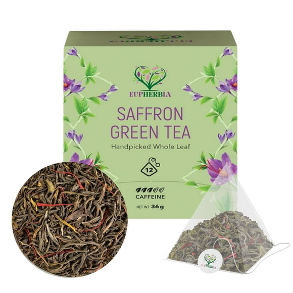 Saffron Green Tea, Handpicked, Highland Grown Whole Leaf Tea, Enriched with Premium Saffron Threads, Herbaceous, Grassy, Bittersweet, Individually Wrapped Tea Sachets (Pack of 12)