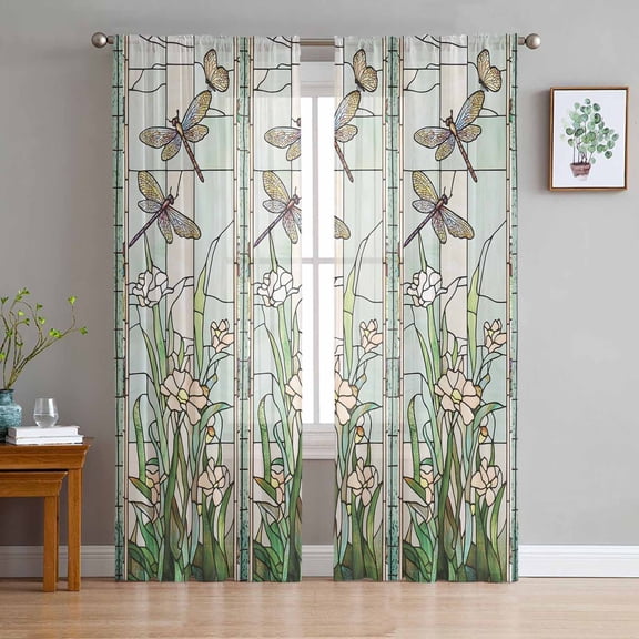 ERUNPONLY Dark Green Grass Sheer Curtains 84 Inch Length 2 Panels Set, Flower Dragonfly Retro Pastoral Rustic Voile Window Treatment Curtains Sheers Drapes for Bedroom/Living Room/Kitchen 52"x84"x2