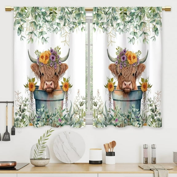 Sage Green Eucalyptus Highland Cow Kitchen Curtains Plant Leaves Bathroom Curtains Window Treatment Drapes Tier Botanical Cafe Small Bedroom Short French Door Curtains 2 Panels 28x40 Inch