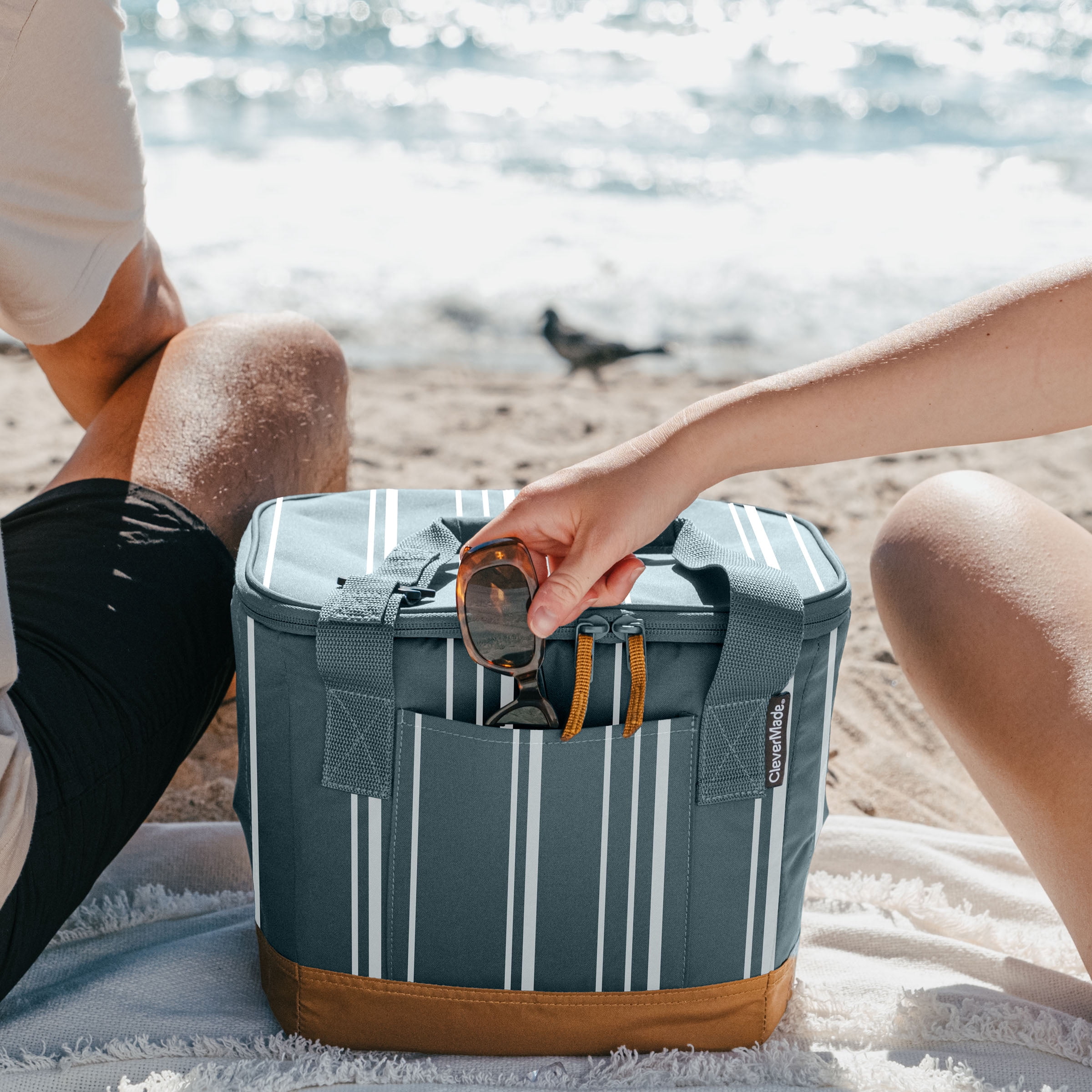 CleverMade Tahoe Collapsible Cooler Bag, 18 Can Capacity, Dusty Teal Striped