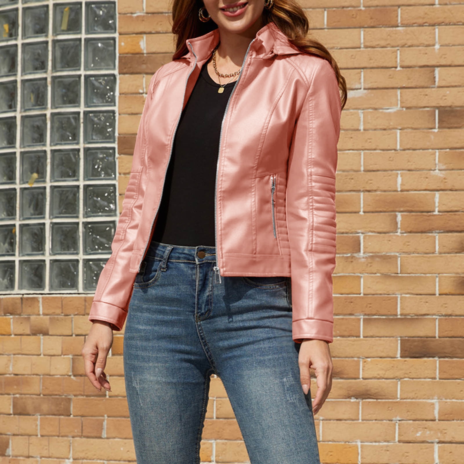 IROINNID Women's Faux Leather Jacket Long Sleeve Front Zip Pocket Biker Moto Jacket,Pink