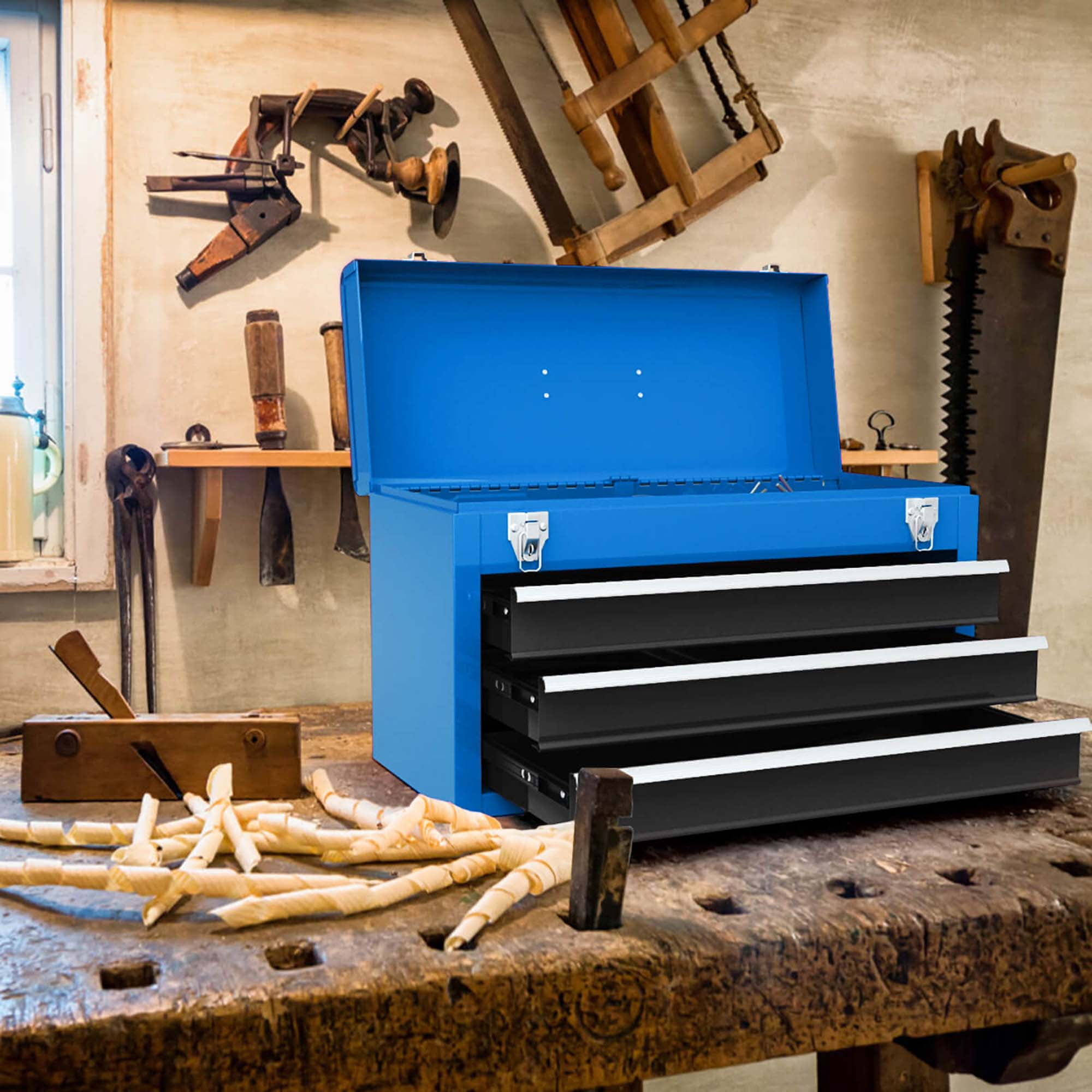 Costway Portable Tool Chest Box Storage Cabinet Garage Mechanic Organizer 3 Drawers Blue