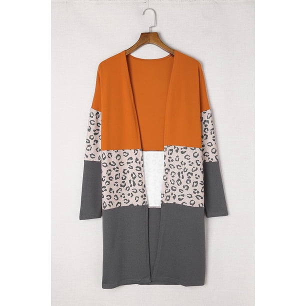 ABPHQTO Cárdigan de punto de patchwork con estampado de leopardo en bloque de color naranja para mujer