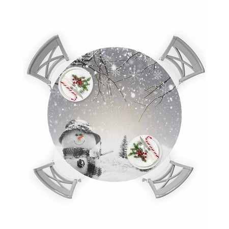 

Round Tablecloth with Elastic Christmas Snowman Winter Xmas Tree Snowflake Grey Waterproof Table Cover Wipeable Fitted Table Cloths for 55 -60 Round Tables Dining Kitchen Indoor Outdoor Use