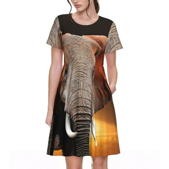 Defioc Elephant Sunset in Kenya Pattern Womens Summer Dresses Short Sleeve Sundress 2025 Beach Vacation Dresses with Pockets -Small
