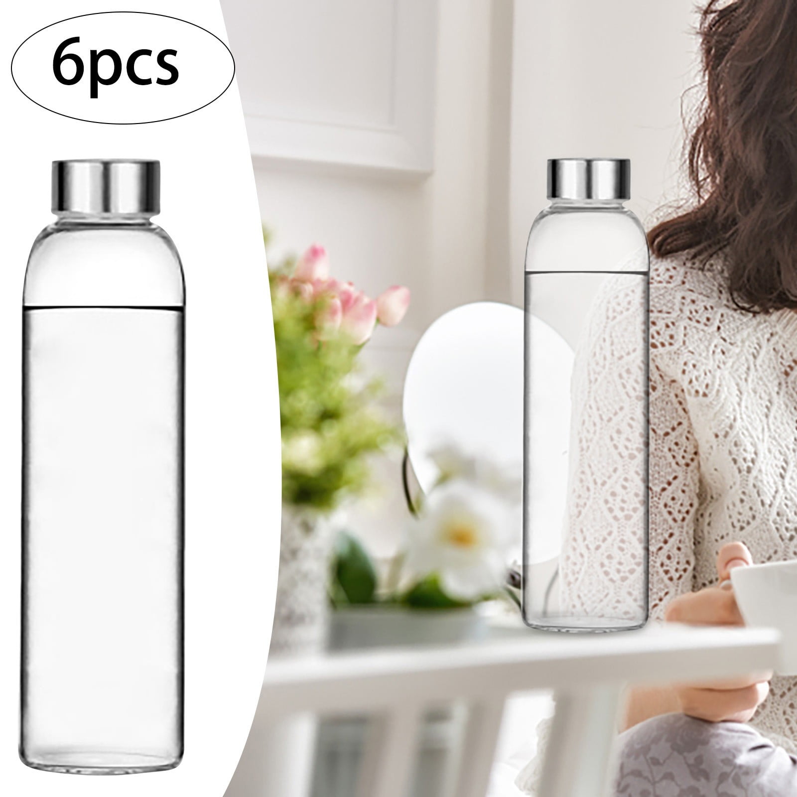 XKHZJL 18 Oz Glass Water Bottles, Glass Drinking Bottle with Protection Sleeve, Juice Bottles with Stainless Steel Leak Proof Lids, Pack of 6