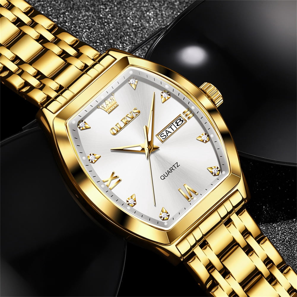 OLEVS Mens Watches Square Business Dress Diamond Analog Quartz Date Luxury Watches for Men Dress Casual Stainless Steel Waterproof Luminous Mens Wrist Watches Gifts Reloj para Hombre Gold/Black Dial