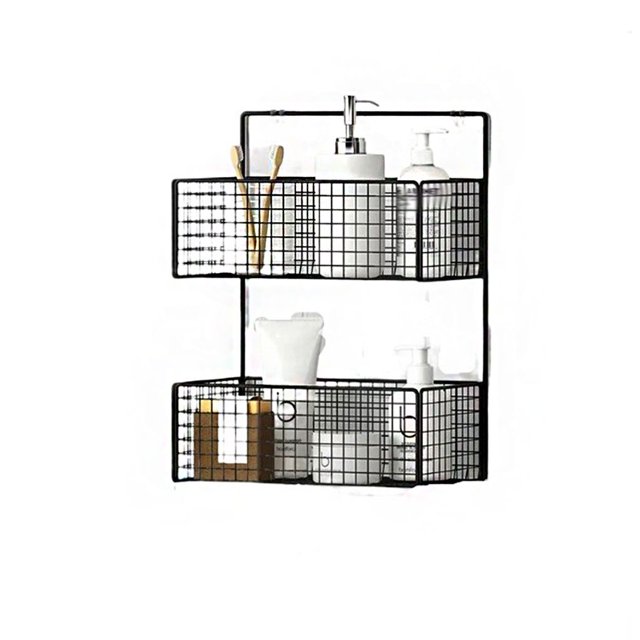 Kearding Toalla de ducha de baño montada en la pared, estante de hierro sin perforaciones, libros, juguetes, tocador, sala de estudio, cesta Almacenamiento y organización del hogar Medio de doble capa