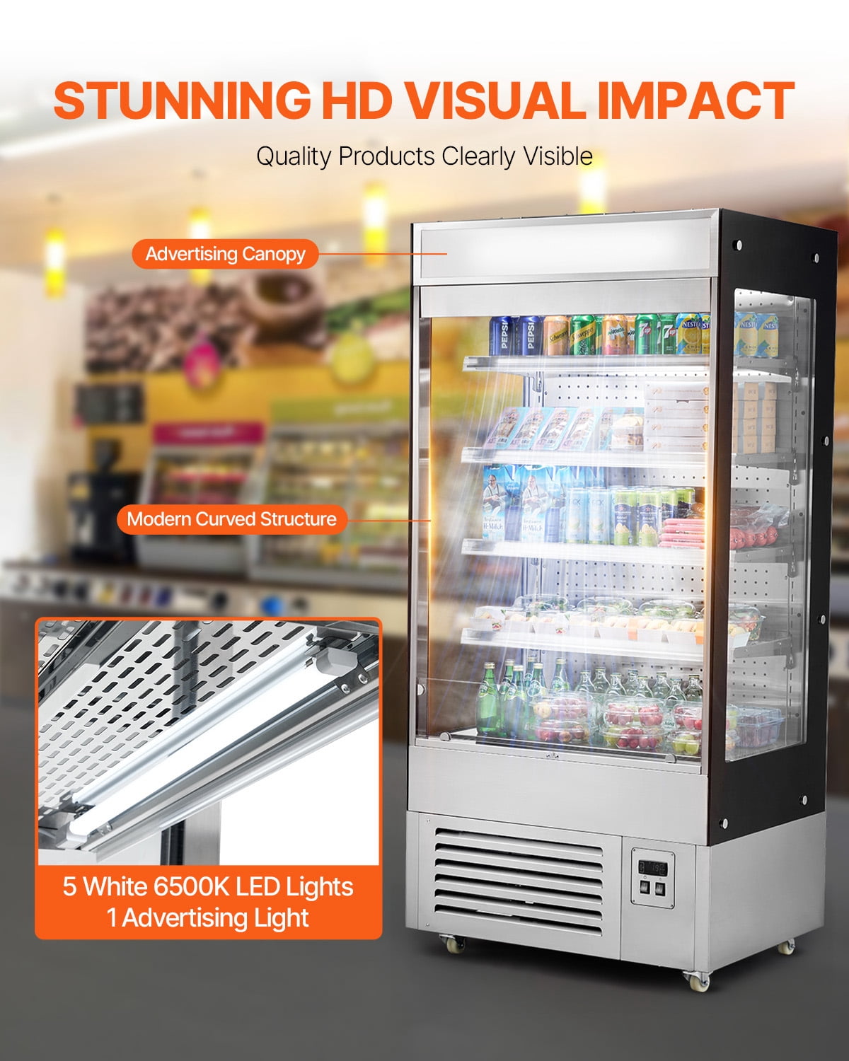 KFFKFF Outdoor Display Fridge, 4-Level Rack Business Freezer, Quick Access Showcase Chiller with Air Veil, Illuminated Promotion Lamp, Suitable for Eateries, Shops, Workplaces, 18.4 cubic feet.