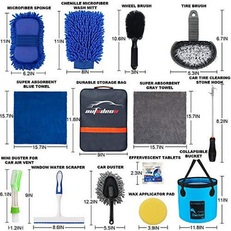 AUTODECO 22pcs Car Wash Cleaning Tools Kit Car Detailing Set with Blue Canvas Bag Collapsible Bucket Wash Mitt Sponge Towels Tire Brush Window