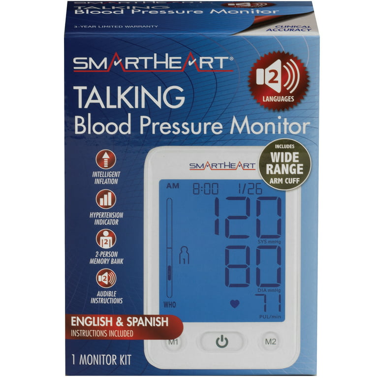 SmartHeart Blood Pressure Monitor | Wide-Range Upper Arm Cuff | Talking  Trilingual Audible Instructions and Results | 4-Person Memory Gray