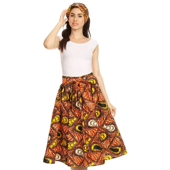 Sakkas Celine African Dutch Ankara Wax Print Full Circle Skirt - 1116-OrangeYellow - One Size Regular