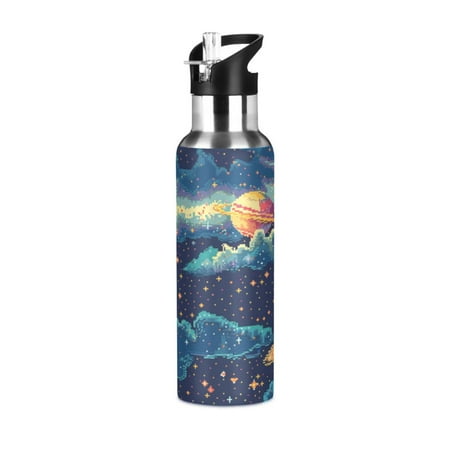 

Water Bottles 34oz Straw Lid Wide Mouth Stainless Steel for School Sport Travel Space Pixel Style
