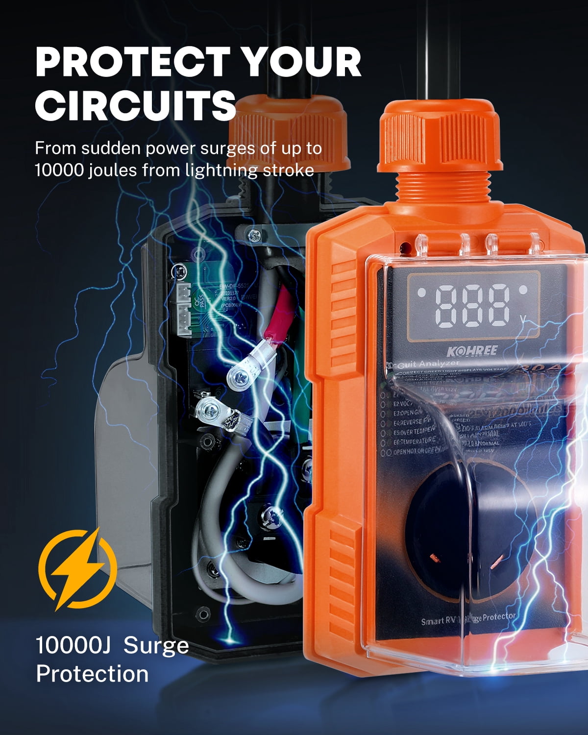 Kohree RV Surge Protector 50 Amp 12000 Joules with High/Low Voltage Protection,with LED Display Waterproof ,Auto Shut Off for Camper,Travel Trailers-Orange