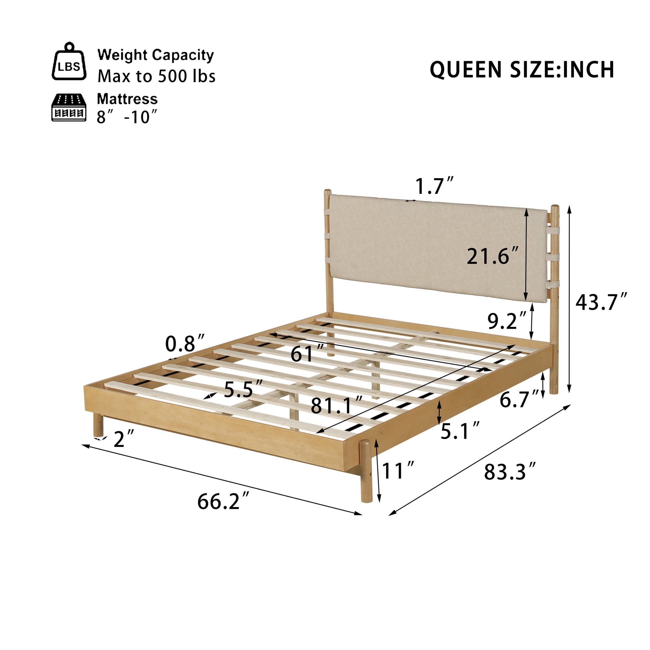 Christopher Knight Home Queen Size Bed Frame with Headboard, Platform Bed with Solid Wood Frame, Natural+Beige