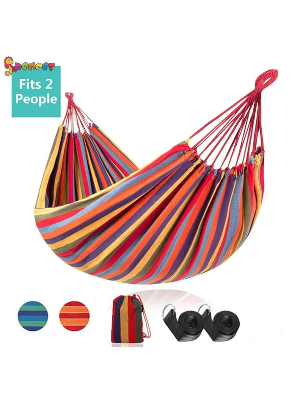 Spencer Brazilian-Style Outdoor Large Cotton Double Hammock Bed for 2-Person with Carrying Bag for Patio Porch Garden Backyard Lounging Outdoor "Red"
