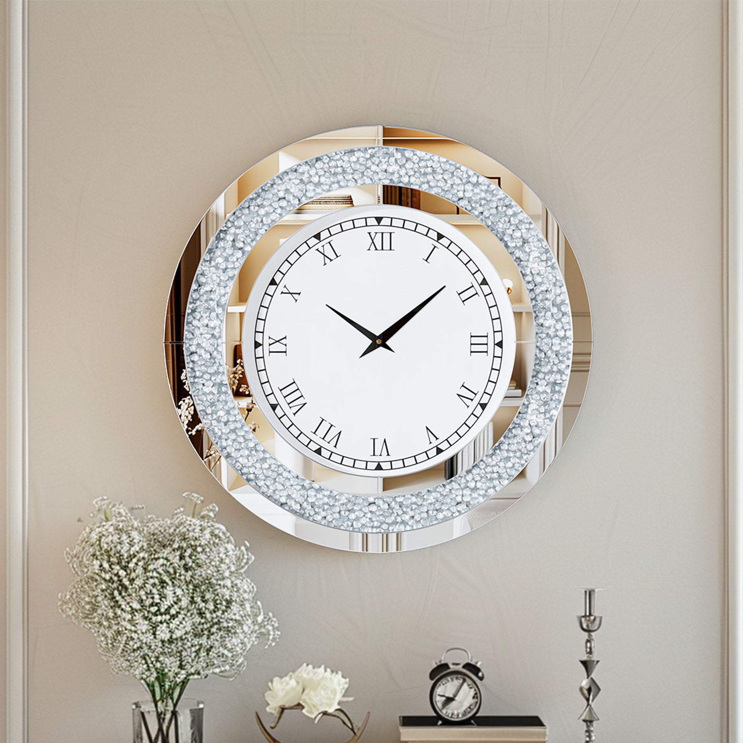 LUVODI 24 inch Rround Crushed Diamond Wall Clock Silver Beveled Mirrored Clock for Wall Living Room Decor